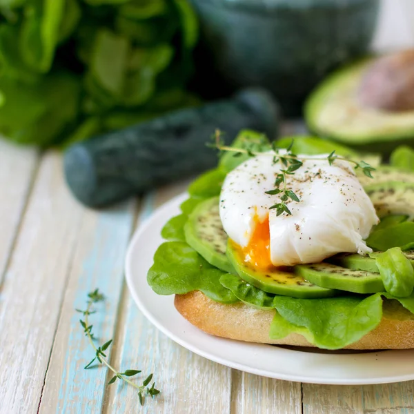 Yumurta-ciabatta ile haşlanmış, avokado ve bebek marul yaprakları.
