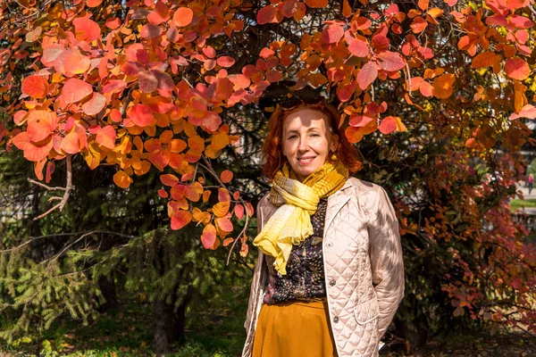 Old Woman Autumn Park Colored Leaves — Stock Photo, Image