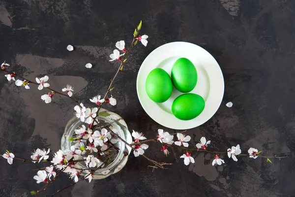 Grüne Ostereier mit blühenden Zweigen auf dem Tisch — Stockfoto