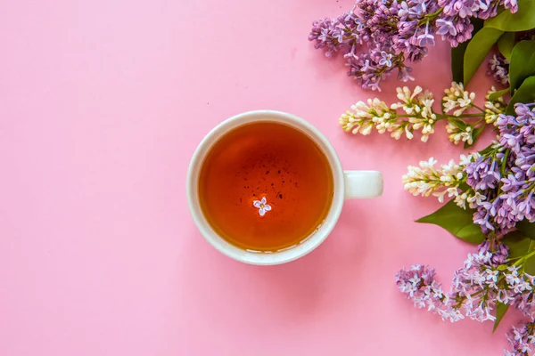 ピンクの背景にライラックの花とお茶のカップ — ストック写真