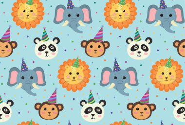 Mavi arka plan, şirin aslan, fil, panda ve doğum günü şapkası takan maymun. Garip hayvan suratlı kusursuz bir desen..