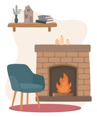 Şöminenin parlak alevleri, yakınındaki koltuğu ve dekoratif ıvır zıvırları ve kitapları olan duvara monte edilmiş rafı.