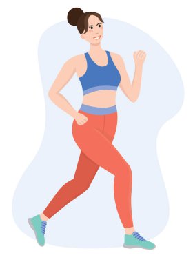 Enerjik genç bir kadın parlak giysi içinde koşuyor. Tüm vücuduyla fitness yaşam tarzı pozu kızı