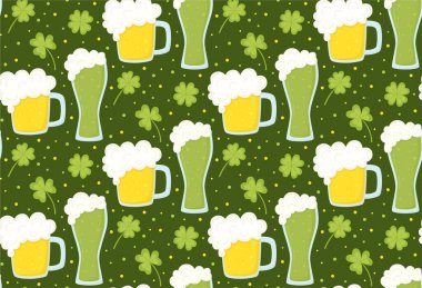 Sarı, yeşil bira bardakları ve yonca yapraklarıyla kusursuz desen. Aziz Patrick Günü için renkli arkaplan