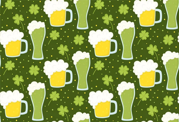 Sarı, yeşil bira bardakları ve yonca yapraklarıyla kusursuz desen. Aziz Patrick Günü için renkli arkaplan