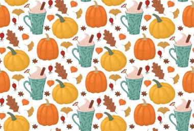 Balkabağı aromalı latte, balkabağı ve yapraklı kusursuz sonbahar deseni. Mevsimlik içecek ve sebzelerle rahat bir sonbahar geçmişi