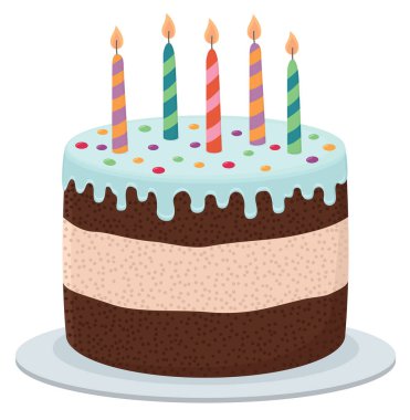 Beyaz arka planda mumlarla izole edilmiş doğum günü pastası. Mavi kremalı ve renkli şekerli parlak bir tatlı.