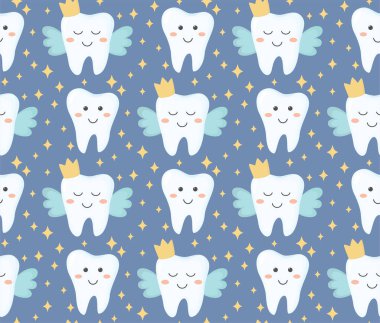 Seamless pattern with smiling teeth. Colorful background with cute dental characters