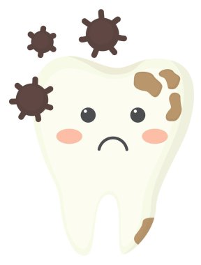 Kahverengi lekeli üzgün diş ve yakınlarda zararlı bakteriler. Sevimli dişçi karakteri.