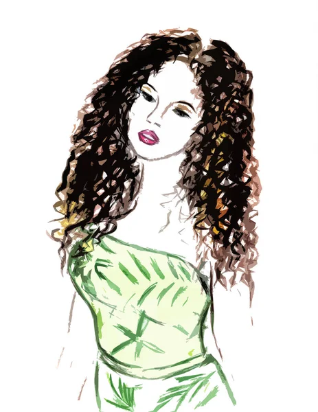 Фигура Девушки Зеленом Платье Длинными Вьющимися Волосами — стоковое фото