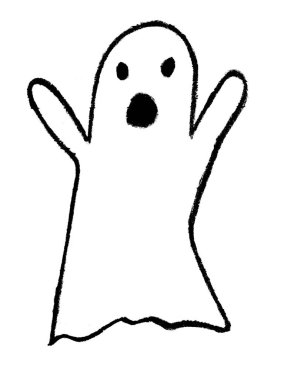 Elleri havada, ağzı açık ve gözleri yuvarlak bir hayalet.