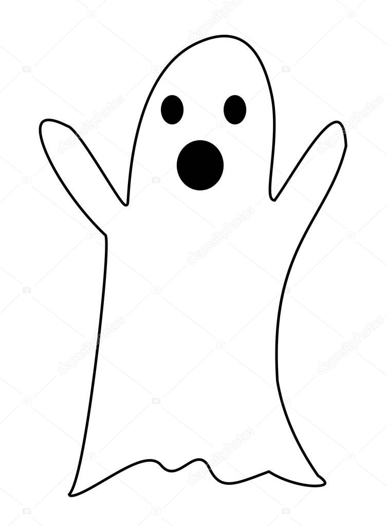 A Ghost with upraised hands, open mouth, round eyes on a white background