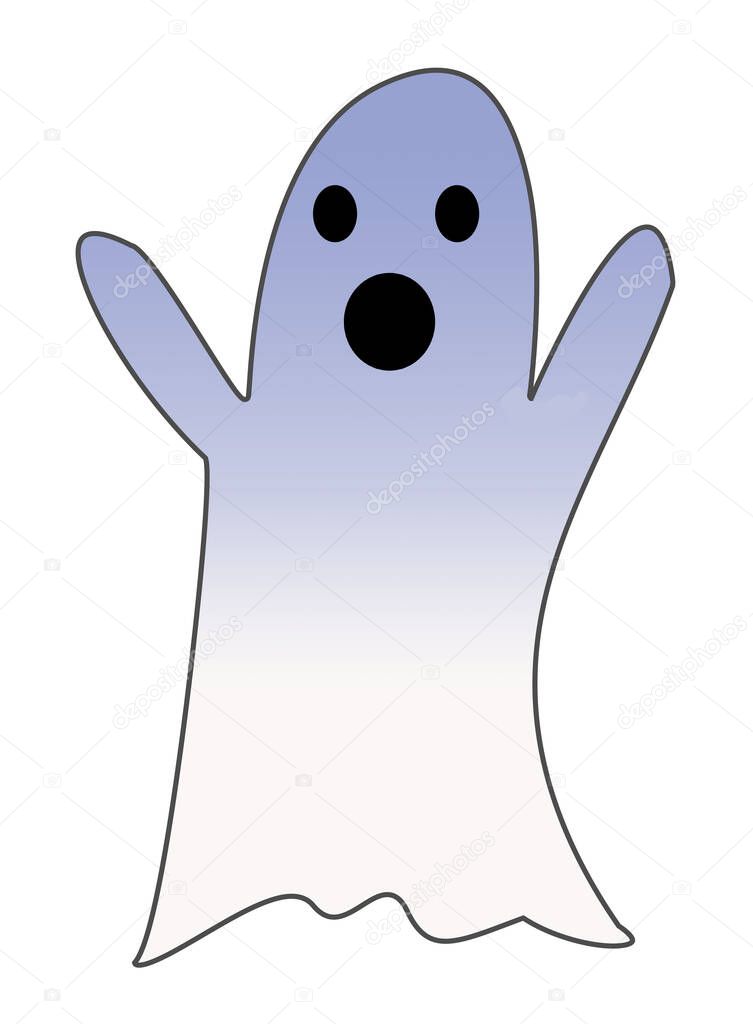 A Ghost with upraised hands, open mouth, round eyes on a white background