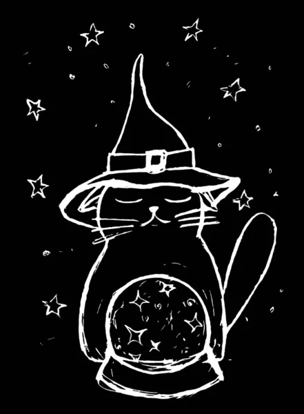Γάτα Καπέλο Και Μαγική Μπάλα Μαύρο Φόντο — Φωτογραφία Αρχείου