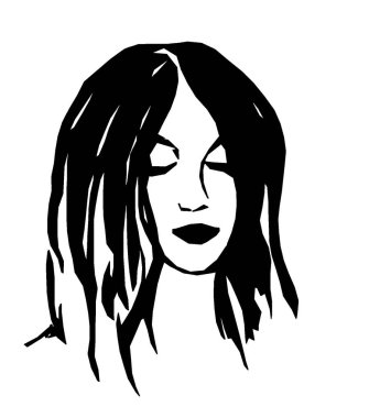  Beyaz arka planda gevşek saçlı, siyah bir kadının resmi.