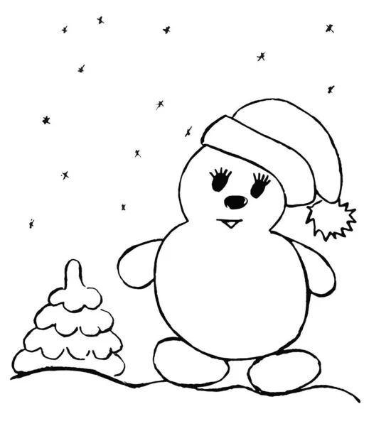 Pupazzo Neve Con Cappello Accanto Piccolo Albero Natale — Foto Stock