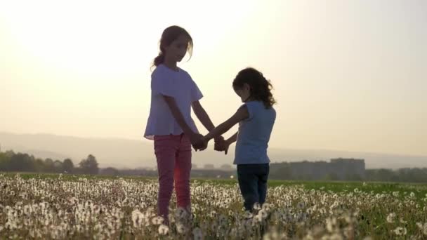 Twee Zussen Hand Hand Glade Van Paardebloemen Het Stadspark Openlucht — Stockvideo