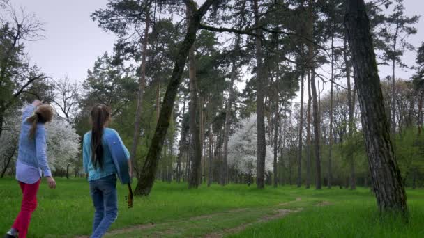 春天在公园散步两个白人女友手里拿着吉他走在森林小路上 纯自然概念 — 图库视频影像