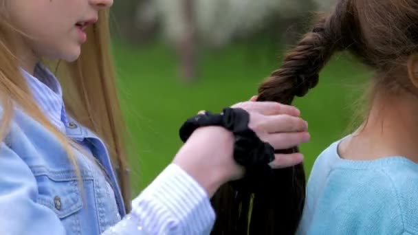 Close Braiding Plait Two Little Girls Hairstyles Outdoors — Stock Video