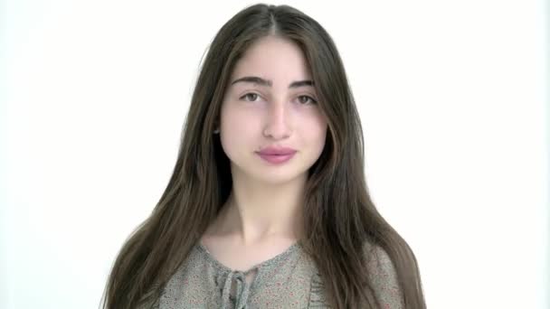 Portrait Young Beautiful Caucasian Girl Long Hair White Background — Stock Video