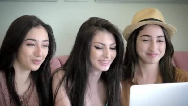 Risas Sonrisas Chicas Encantadoras Miran Pantalla Del Portátil Diviértanse Juntos — Vídeos de Stock