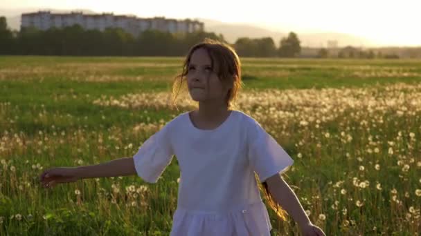 Férias Primavera Bonito Menina Girando Dançando Campo Com Dentes Leão — Vídeo de Stock