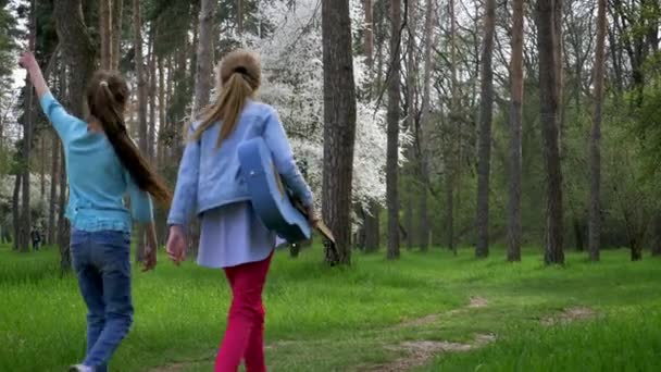 孩子们在公园里散步 小女友们拿着吉他在大自然中行走 美丽的森林小路 少年女孩在远处外向 情绪和喜悦 — 图库视频影像