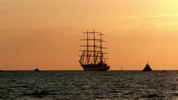 Barco Tres Mástiles Altura Las Proximidades Costa Amanecer Una Mañana — Vídeo de stock