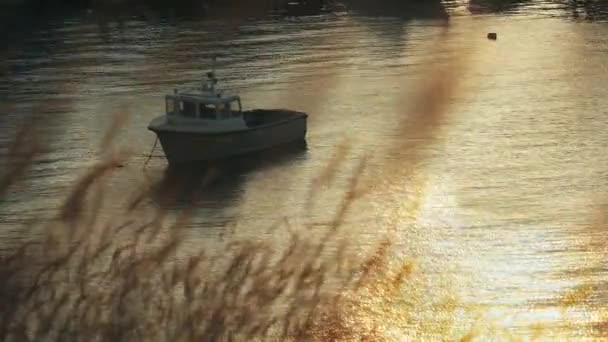 Kleines Altes Boot Das Bei Sonnenuntergang Küstennähe Vor Anker Liegt — Stockvideo