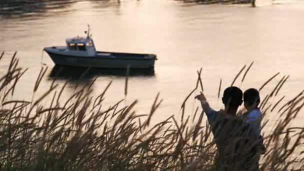 Ung Pappa Håller Sin Son Famnen Och Visar Honom Sea — Stockvideo