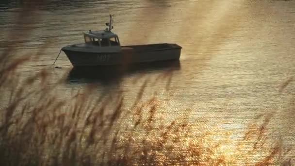 Rustig Uitzicht Kleine Haven Met Kleine Boot Aangemeerd Bij Zonsondergang — Stockvideo