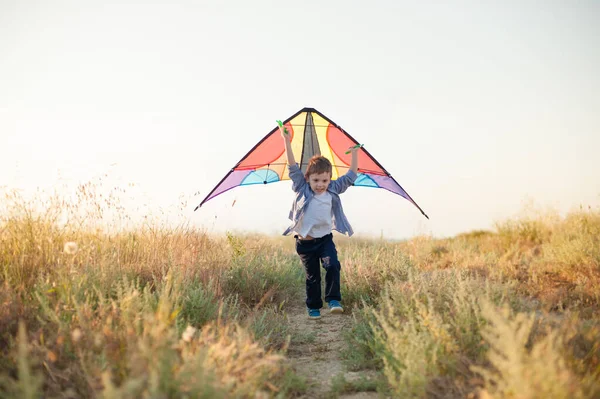 Gezond grappig klein sport kind met kleurrijke vlieger speelgoed in handen loopt snel tussen de zomer groen veld met blauwe lucht met kopieerruimte achter — Stockfoto