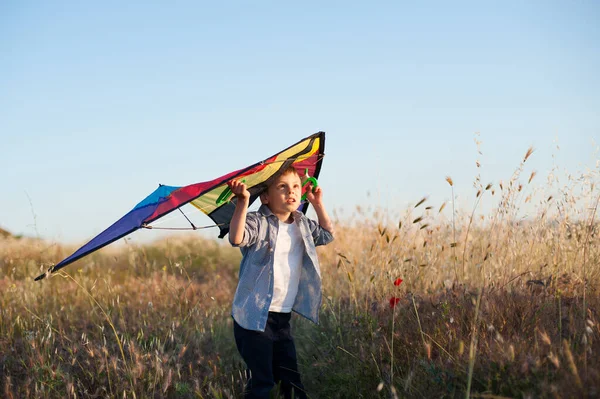 Worried little caucasian boy with kite looking up in dry yellow summer field with blue sky on background — Stock Photo, Image