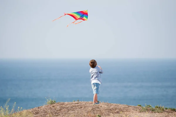 Active little kid holding flying color kite in air above blue ocean and sky in summer leisure games — Stock Photo, Image