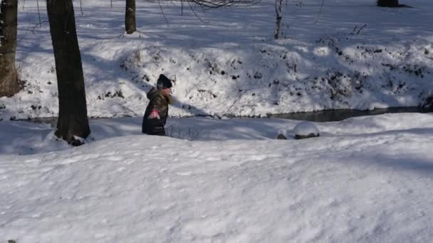 Niño pequeño sano activo en ropa de invierno que corre a través de la nieve haciendo bola de nieve cerca del río con diversión — Vídeo de stock