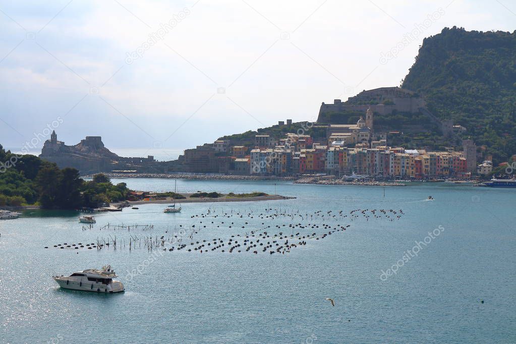 Porto Venere, Italy - May 14, 2017: View of the Gulf of the Poets, La Spezia, Italy, seen from the Island of Palmaria in front of Porto Venere. La Spezia, Liguria, Italy