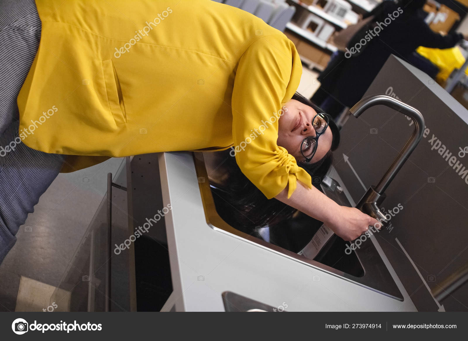 The Layout Of The Kitchen Young Woman Housewife Chooses Kitchen