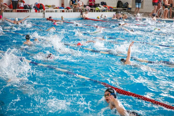 Russland, nowosibirsk, 26 mai 2019. die schwimmwettbewerbe begannen. Viele Kinder schwimmen und planschen im Becken. Aufwärmen vor dem Rennen. — Stockfoto