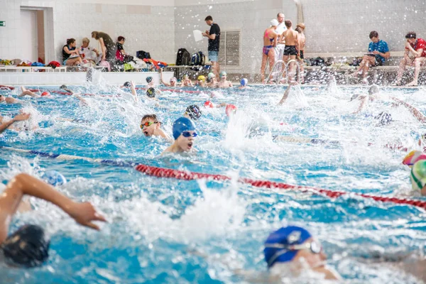 Rusya, Novosibirsk, 26 Mayıs 2019. Yüzme müsabakaları başladı. Birçok çocuk yüzmek ve havuzda ağır sıçrama. Yarış öncesi ısınma. — Stok fotoğraf