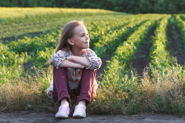 Estilo de vida. Menina propositada em um campo com flores ao pôr do sol de verão — Fotografia de Stock