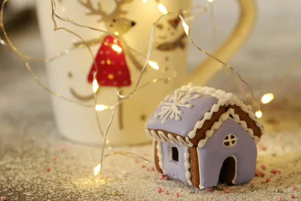 Maisons Miniatures Gingembre Noël Une Guirlande Une Tasse — Photo