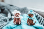  Dva miniaturní medvídci nosí klobouky a šátky na modrých palčácích.