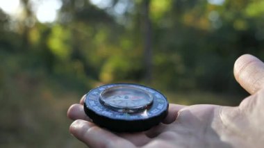 Dişi forvet elleri pusulayı tutuyor ve yön arıyor. Ormanın oryantasyonu 4k Yakın çekim 4k