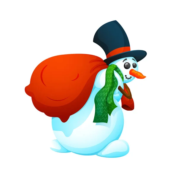 Alegre, muñeco de nieve de dibujos animados en un sombrero y con una bolsa de regalos . — Vector de stock