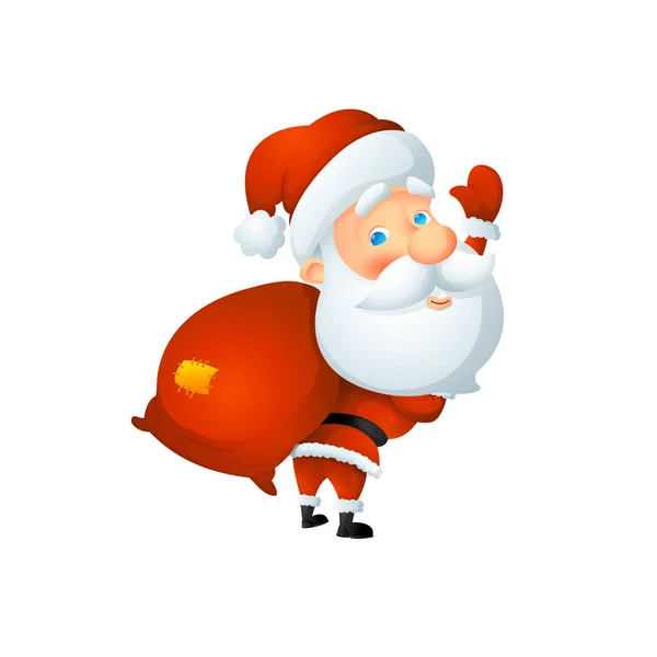 Dibujos animados lindo Santa Claus ondeando con una bolsa de regalos a sus espaldas . — Vector de stock