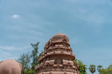 Tepesinde kubbe olan büyük bir bina. Bina kahverengidir ve önünde yeşil bir ağaç vardır. mahabalipuram