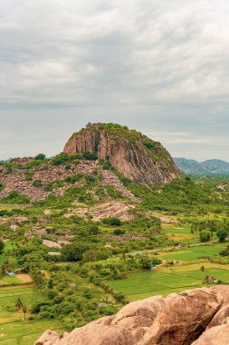 Yeşil yamacı olan bir dağ. Dağ ağaçlar ve otlarla kaplı. Gökyüzü bulutlu. Tamil Nadu.