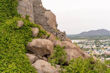 Üzerinde yeşil bir bitki yetişen kayalık bir yamaç. Tepe bir şehre yakındır. Tamil Nadu.