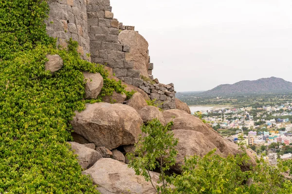 Üzerinde yeşil bir bitki yetişen kayalık bir yamaç. Tepe bir şehre yakındır. Tamil Nadu.