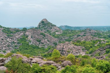 Önünde yeşil bir orman olan bir dağ sırası. Dağlar kayalarla kaplı ve gökyüzü bulutlu. Tamil Nadu.